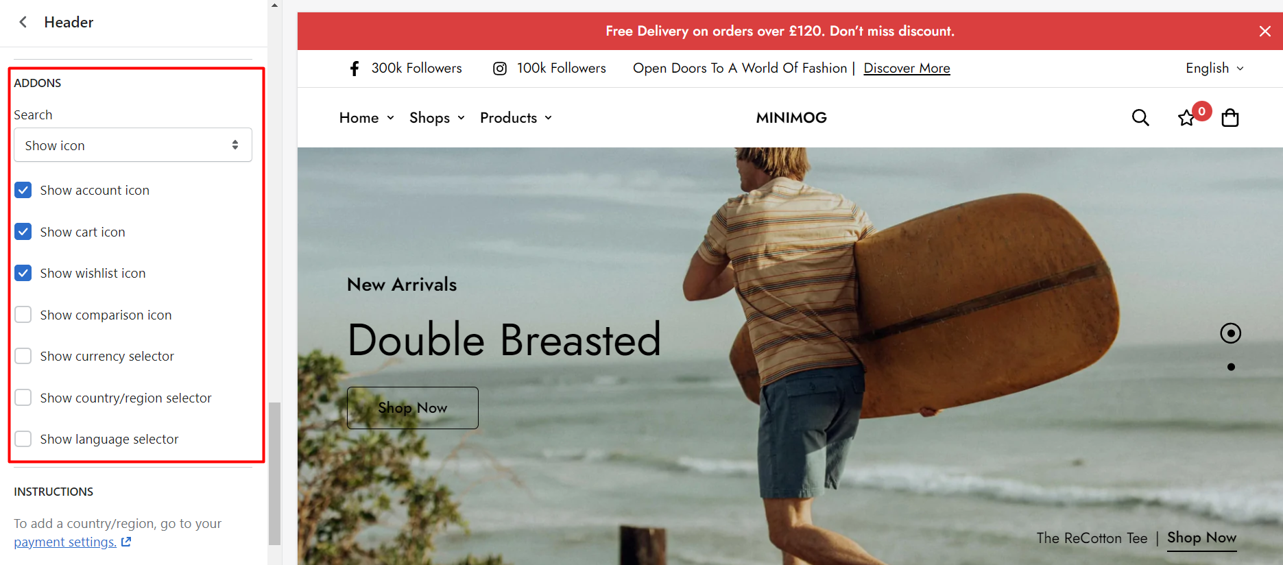Enable addons your store header